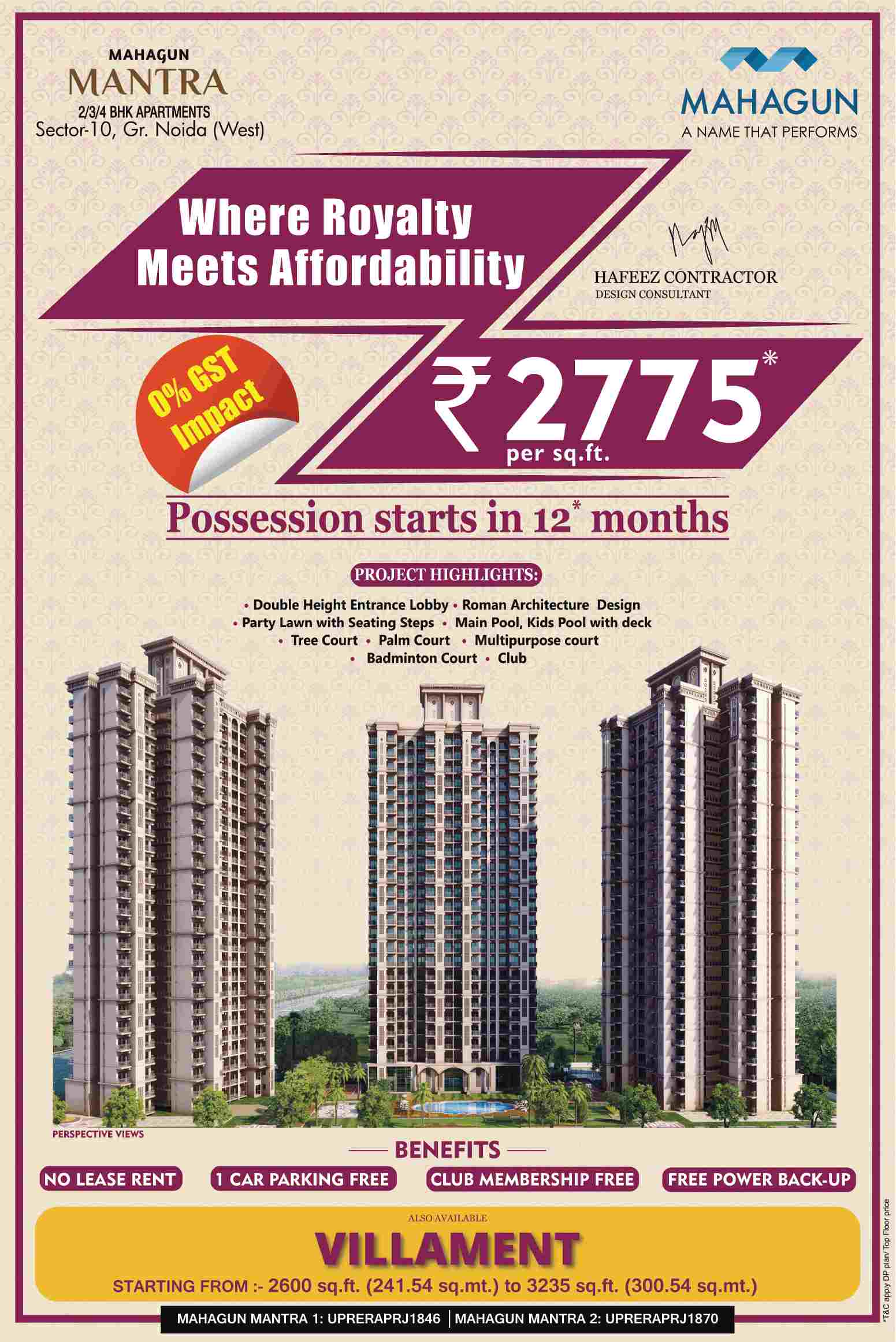 Possession starts in 12 months at Mahagun Mantra in Greater Noida Update